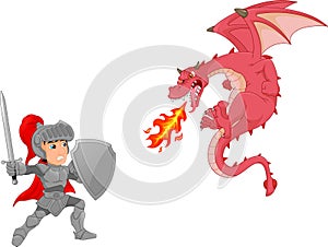 Knight with angry dragon cartoon