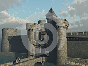 Knight approaching castle gate photo