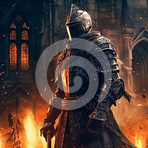 Knight in armor against the background of fire, metal armor of a military theme. Game character in the style of dark souls