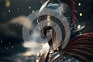 Knight in armor and helmet on the background of water. Close-up.