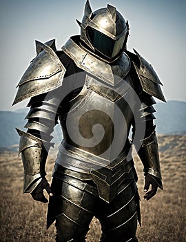 A knight in armor standing in a field.