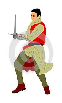 Knight in armor, with sword  in hand illustration isolated on white background. Medieval fighter in battle. Hero keep castle