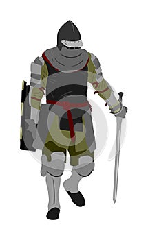 Knight in armor, with sword in hand, shield and helmet  illustration isolated on white background. Medieval fighter battle.