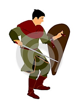 Knight in armor, with sword in hand, shield  illustration isolated on white background. Medieval fighter in battle. Hero