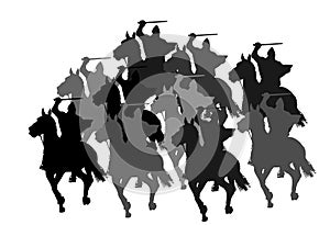 Knight in armor with sword and shield riding horse vector silhouette isolated. Horseman medieval fighter in battle.