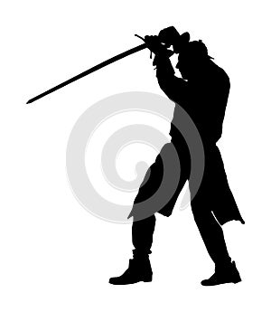 Knight in armor, with sword  silhouette illustration isolated on white background. Medieval fighter in battle Hero