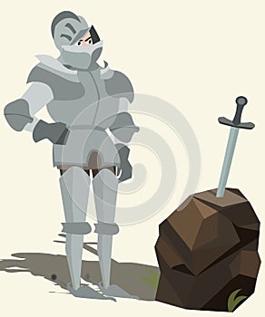 Knight in armour looking at sword in stone vector cartoon