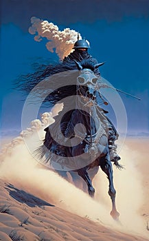 Knight in black armour charging through a desert dune, vintage fantasy fiction paperback style art. Generative AI