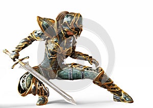 Knight captain female posing with her sword in a fighters combat stance on an isolated white background.