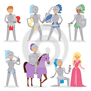 Knight cartoon hero character with horse and princess armor warrior people brave medieval costume soldier vector