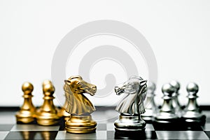Knight chess stand as team leader. Team concept