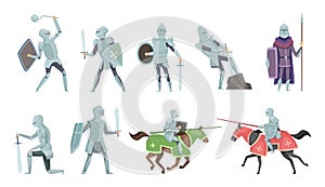 Knight. Chivalry prince medieval fighters brutal warriors on horse battle vector cartoon illustrations