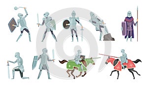 Knight. Chivalry prince medieval fighters brutal warriors on horse battle vector cartoon illustrations photo