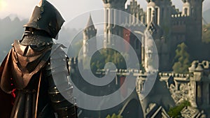 Knight in dark armor standing in front of a castle surrounded by mist. The concept of medieval adventures and mystique.