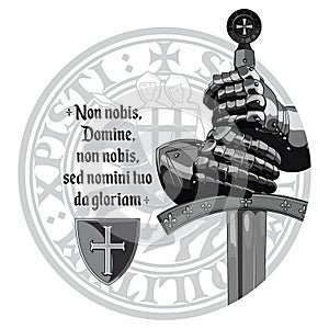 Knight design. Armour gloves of the knight, shield and the sword of the Crusader