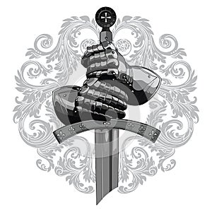 Knight design. Armour gloves of the knight, shield and the sword of the Crusader photo