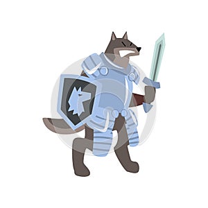 Knight dog character with shield and sword vector Illustration on a white background