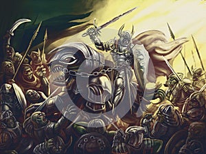 A knight on a dragon against an army of demons