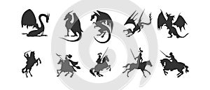 knight and dragon fight silhouette. Medieval battle outlines.