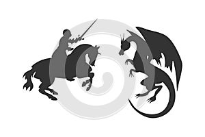 knight and dragon fight silhouette. Medieval battle outlines.