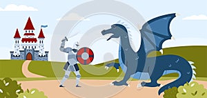 Knight fighting with dragon at backdrop of landscape flat vector illustration.