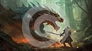 Knight fighting a dragon. Fantasy concept , Illustration painting