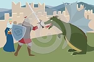 Knight fighting dragon, saving princess vector cartoon