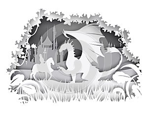 Knight fighting dragon, vector illustration in paper art style