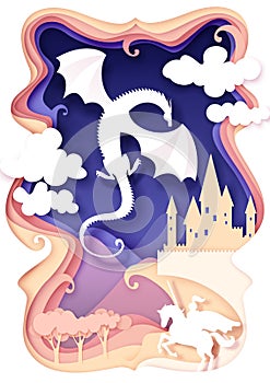 Knight fighting dragon, vector illustration in paper art style