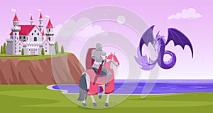 Knight fighting with water dragon vector illustration, cartoon flat fairytale battle scene between brave prince knight