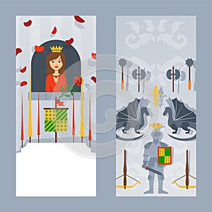The knight in full armor and lovely princess in castle, royal tournament flat vector illustration. Chivalric competition photo