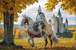 A knight in full armor sits on a horse in front of a castle.