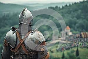 Knight Gazing at Distant Castle in Majestic Landscape