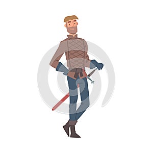 Knight in Gloves Standing with Sharp Sword Vector Illustration