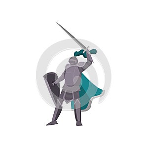 Knight in gray armor raised his sword high above his head as a sign of victory.