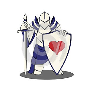A knight in a helmet is kneeling, leaning on a shield with a heart and a long sword.