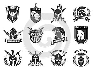 Knight helmet logo. Medieval ancient crusader viking soldier protective head armor with crossed swords shield for label