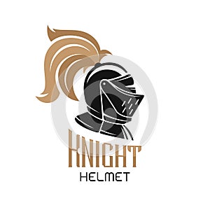 Knight helmet logo template. Vector emblem with text.