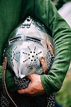 Knight Helmet Of Medieval Suit Of Armour On Table