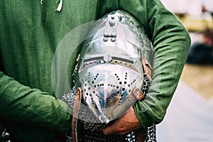 Knight Helmet Of Medieval Suit Of Armour On Table