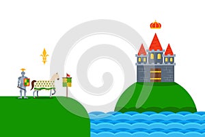 Knight, horse and castle on river, simple flat vector illustration. Chivalric fortress on green hill, rock. Horseman on photo