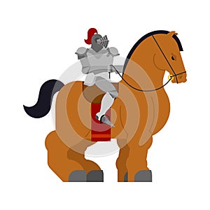 Knight on horse. Clydesdale Strong heavy steed. Cartoon animal v