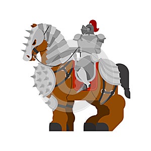 Knight on horse. Clydesdale Strong heavy steed. Cartoon animal v
