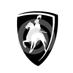 Knight and horse in heraldic shield black vector design