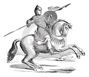 Knight on a horse wearing hauberk vintage engraving