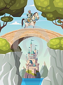 Knight on horseback crosses the bridge and castle in background