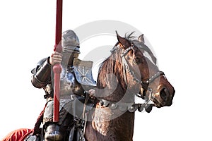 Knight on horseback. Horse in armor with knight holding lance. H