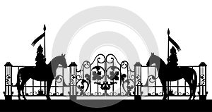 Knight with horses by closed gate and fence black vector silhouette