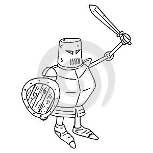 Knight icon. Vector illustration cartoon knight with a sword and shield. Hand drawn low and thick knight