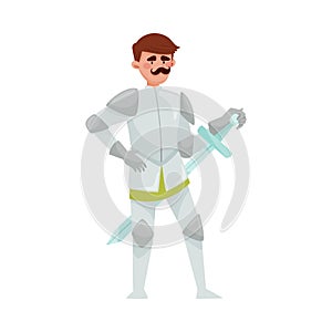 Knight in Iron Armour Suit and Sharp Sword Vector Illustration